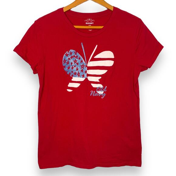 3/$20 Vintage Y2K Old Navy red American flag butterfly graphic logo tee SZ L - Picture 1 of 6